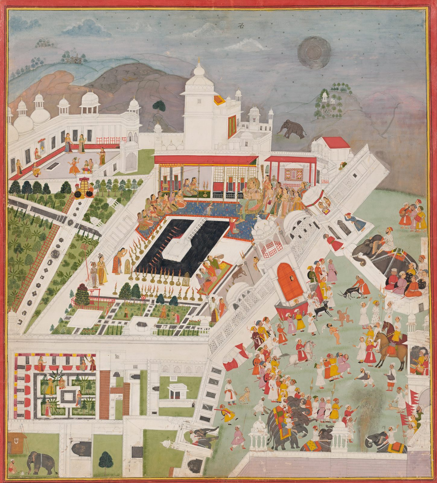 An Indian miniature painting of a palace at festival time, seen from above so that courtyards, terraces and open ground are laid out at once. Inside the walls the ruler sits watching, attended by women of the household and by performers, and a priest tends a row of lit lamps. Outside the walls the ground is crowded with musicians, ascetics, water carriers and a man leading a leopard.