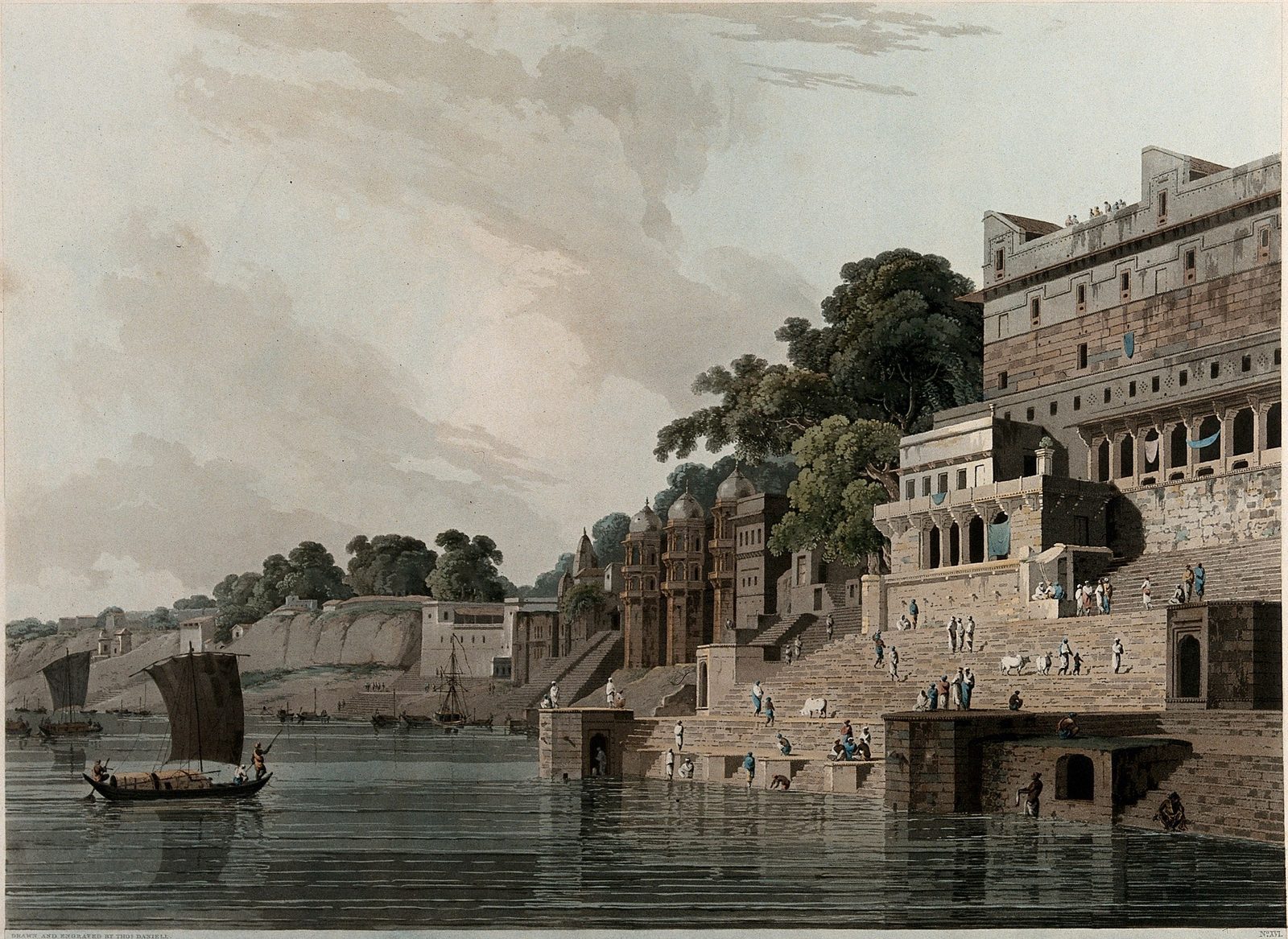 A coloured aquatint of the river front at Benares. Broad stone steps rise from the green water to tall stacked buildings with carved pillared galleries and small domed shrines among trees. Groups of people in white and blue stand and sit on the steps, a few stand knee-deep in the river, and two cattle rest near the top. On the left a small boat with a dark square sail is poled across the water, with more boats and a low far bank beyond.