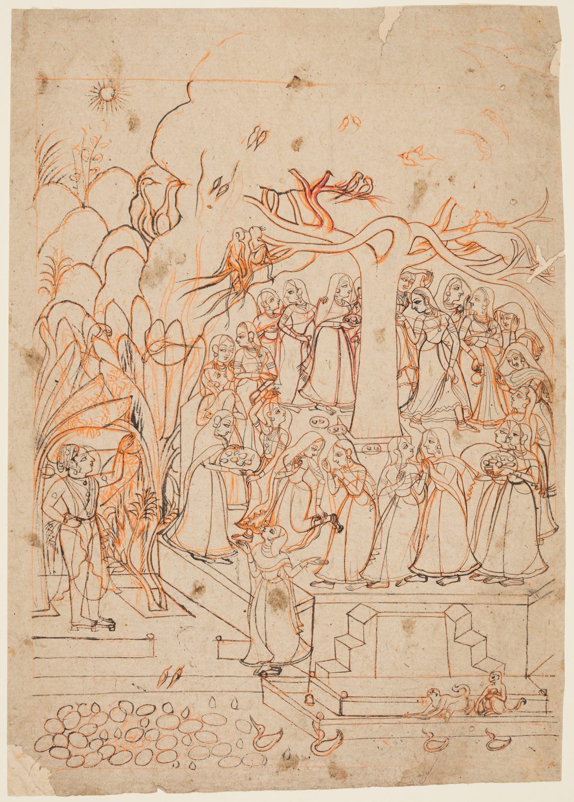 An Indian miniature painting from a manuscript series on the twelve months. A large spreading banyan tree fills the centre of the page, with pairs of birds and monkeys among its branches. A group of women walks in procession around the trunk, and Krishna watches from behind a stand of plantain plants at one side.