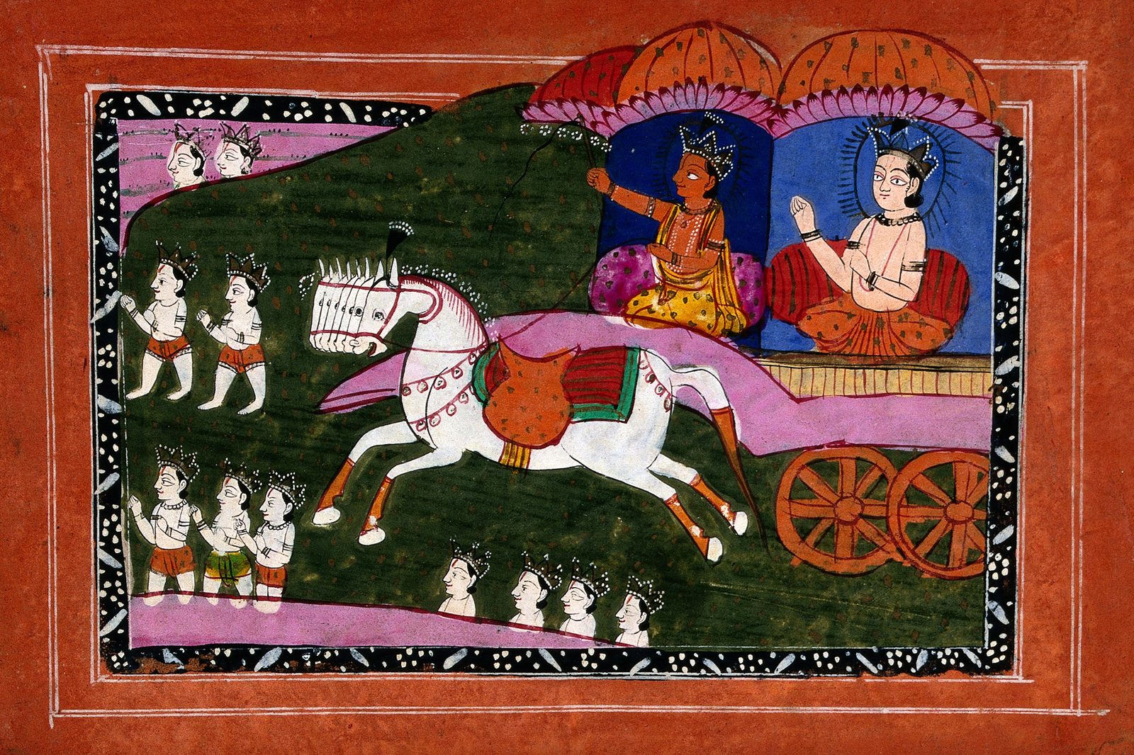 An Indian gouache painting with a terracotta-orange border. Inside a black and white dotted frame, a single white horse with seven heads gallops to the left, drawing a chariot with two large orange wheels. Two haloed figures sit in the chariot under a pair of orange parasols against a deep blue panel: a charioteer holding the reins, and a crowned figure with one hand raised. Rows of small crowned attendants stand on the dark green ground at the left.