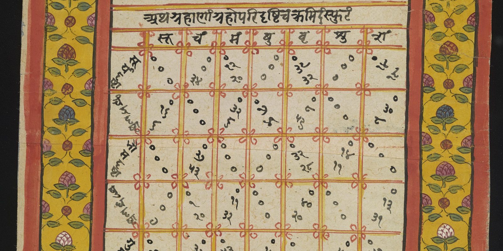 Detail of an 18th-century Sanskrit horoscope scroll: a hand-ruled table in red, orange and yellow ink on cream paper, its columns headed with abbreviated Devanagari names of the seven planets and its rows labelled down the left margin, filled with Devanagari numerals; broad yellow borders painted with rows of stylised flowering plants run down both sides against a black photographic ground.