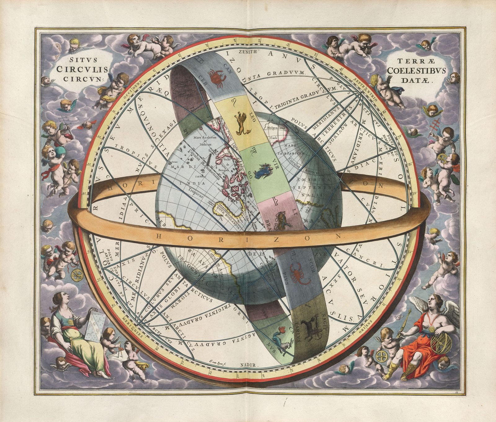 A hand-coloured engraving of the earth held inside a cage of celestial rings. At the centre is a globe of the world in blue and grey, with India, the Arabian Sea and the Bay of Bengal lettered in Latin across its face. Wide graduated bands run around it: a broad zodiac band set at a slant across the rest, carrying painted figures of Cancer, Leo, Virgo, Libra, Scorpio and Capricorn on coloured panels; a flat ring lettered HORIZON crossing the front; and further rings marked as the equinoctial, the tropics and the polar circles. The assembly stands against violet clouds crowded with winged putti holding instruments, a seated woman at the lower left and a robed winged figure at the lower right. The title is lettered in two blocks at the top corners.