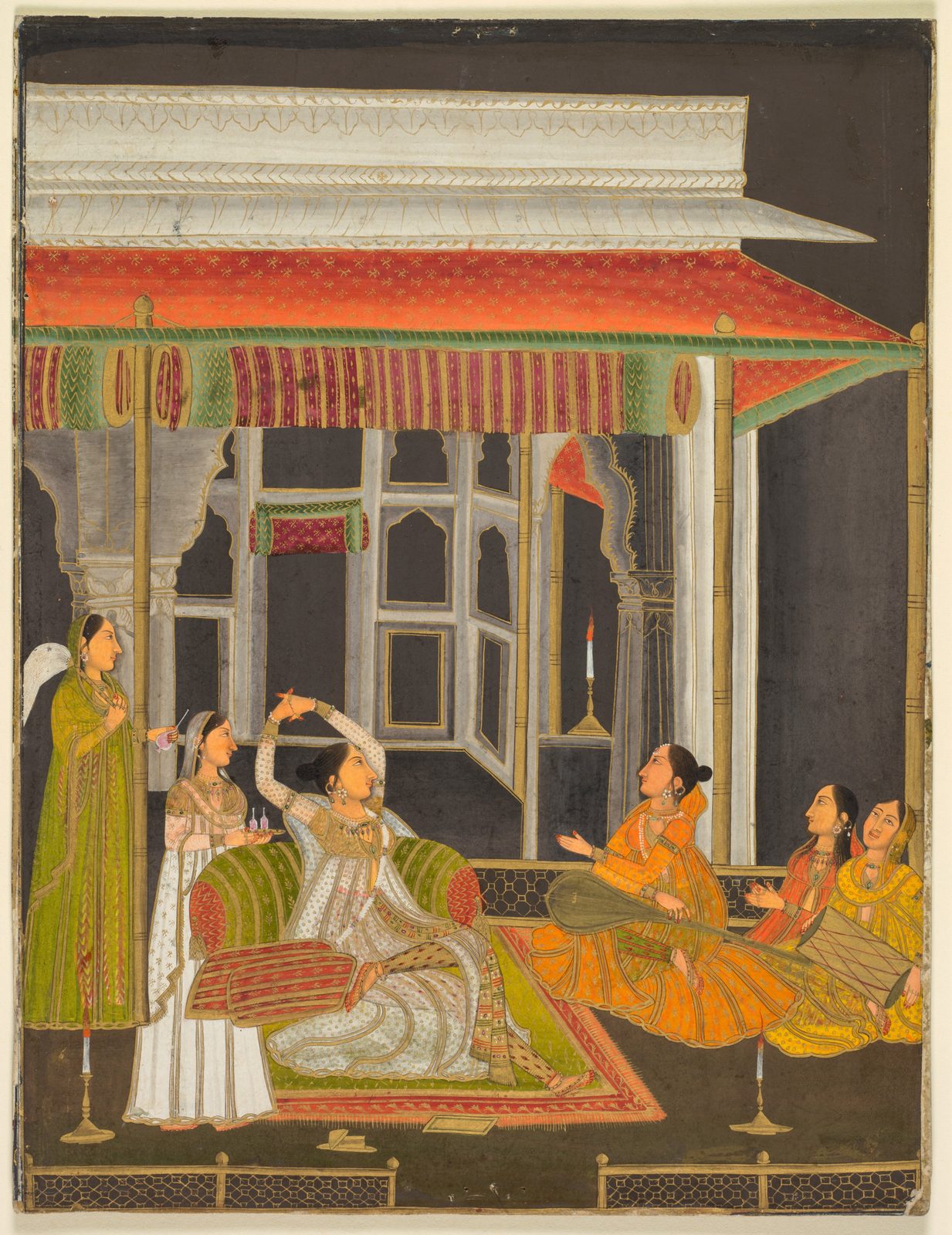 A Mughal night scene painted against a deep black ground. Under a striped awning and a white marble pavilion, a princess