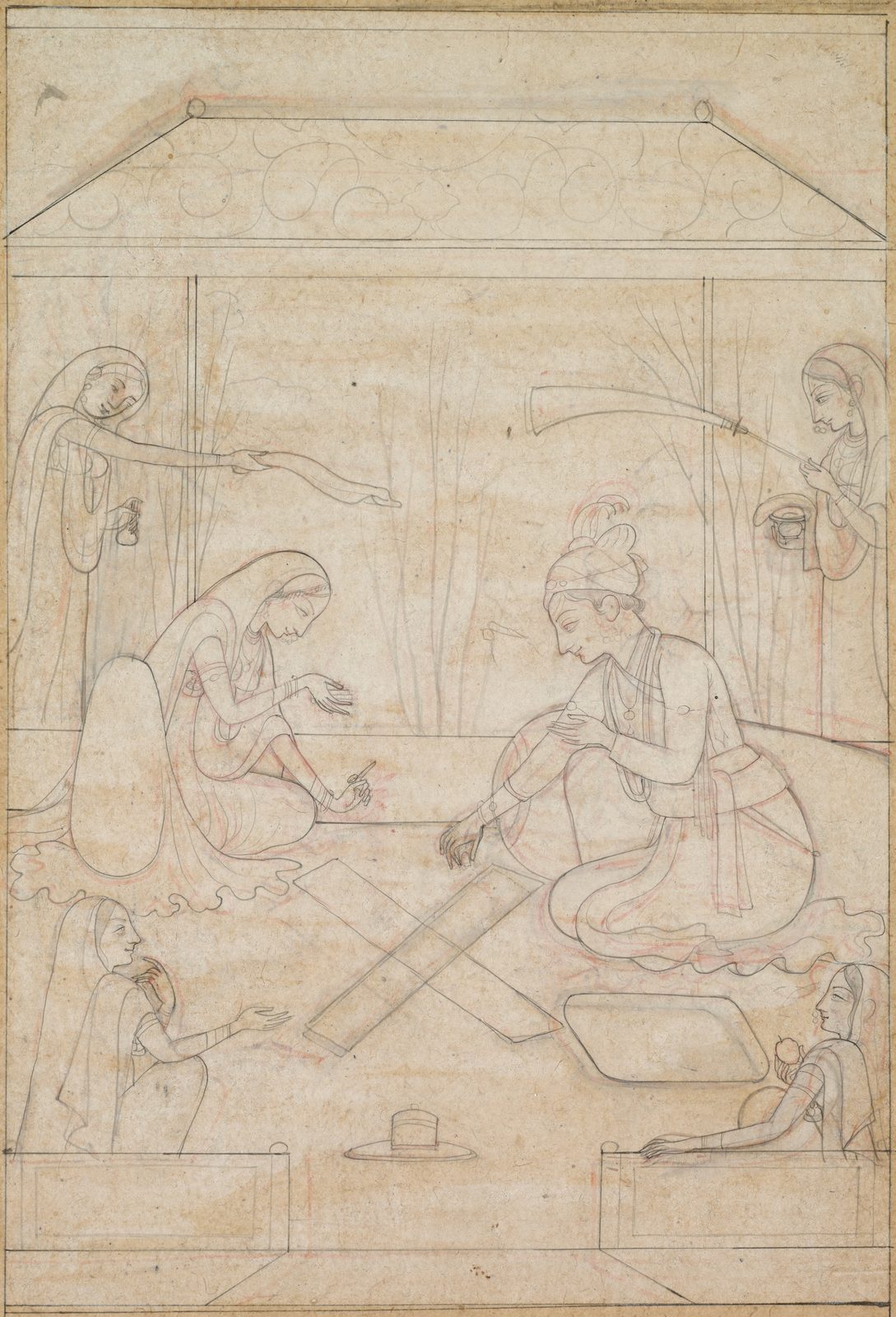 An unfinished Indian drawing in fine black line with red ochre underdrawing on aged cream paper. A woman and a man sit on a terrace facing each other across a cross-shaped chaupar cloth laid on the floor, each reaching a hand toward the board; she holds the dice pieces, he leans forward over his move. Four attendants surround them: one at the left extending an arm, one at the right holding a fly-whisk and a bowl, and two seated at the lower corners. A canopy is sketched overhead and bare trees are drawn faintly behind.