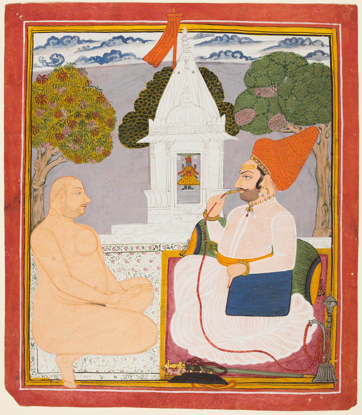 An Indian painting in gum tempera and gold on paper. A Rajput nobleman, wearing the forehead mark of a devotee of Shiva, faces a holy man in front of a Vishnu temple. He has set his sword and shield aside and has a hookah beside him, and he is listening while the holy man speaks.