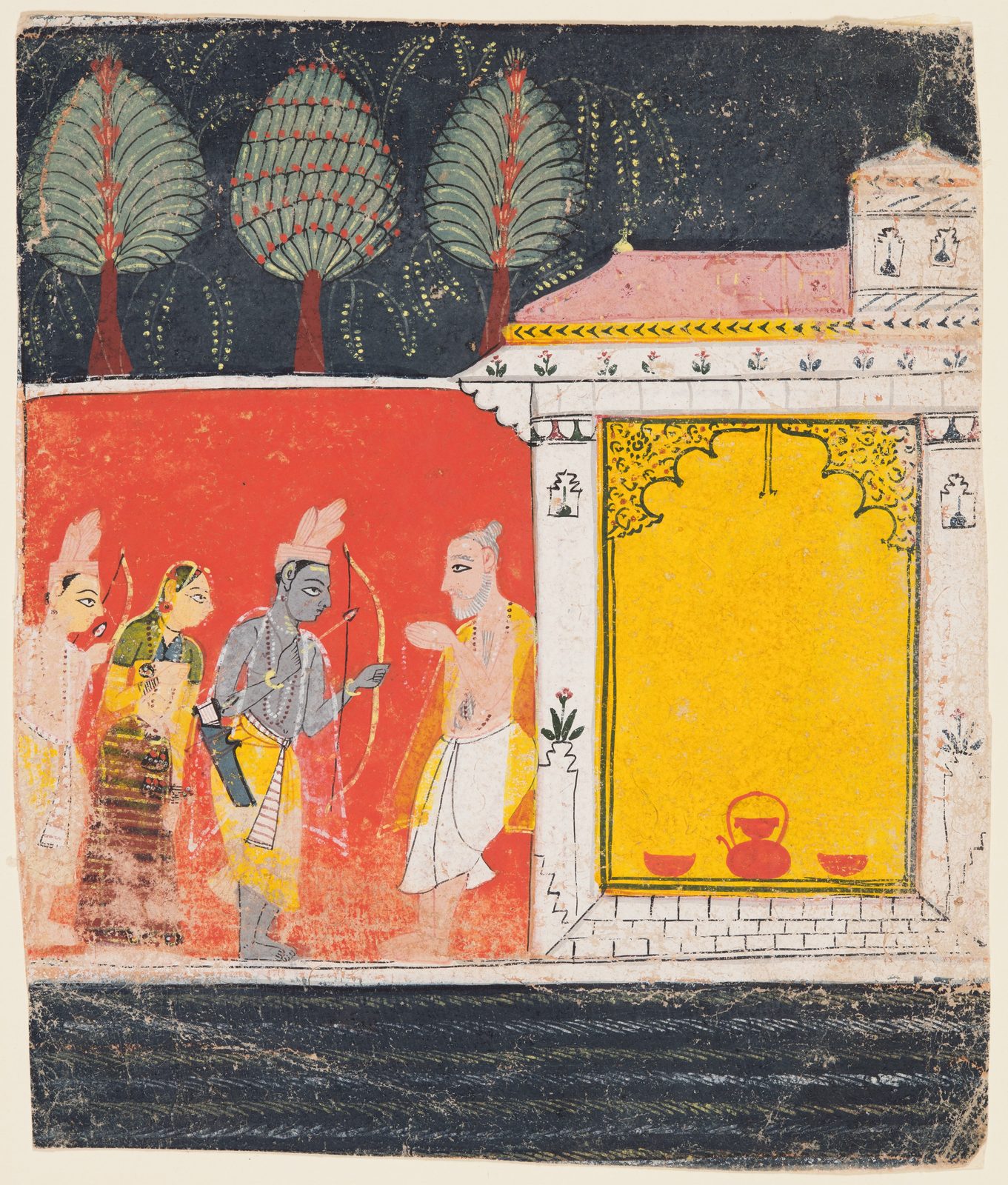A small Indian miniature painting. A royal party has arrived at a sage's hermitage. The blue-skinned Rama, his wife Sita and his brother Lakshmana stand together, bowing slightly, while the sage greets them with his palms folded. The hermitage is painted as a fine building, with floral ornament inlaid in marble, small bottles standing in wall niches, and an arched opening of the kind used for a palace viewing window.