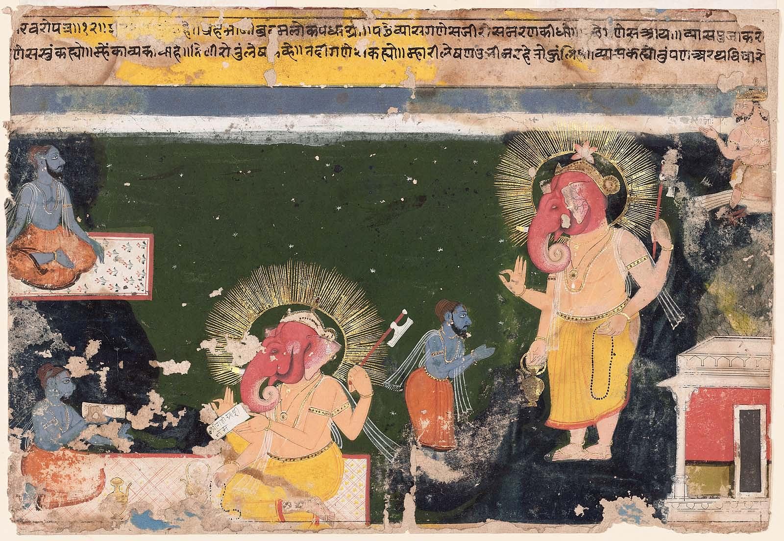 An Indian miniature painting on aged, chipped paper. Two lines of Devanagari writing run along a yellow band across the top. Below, against a dark green ground flecked with small white stars, the elephant-headed god Ganesha appears twice. At the centre he sits on a patterned mat in a yellow lower garment, a gold rayed halo behind his head, holding a narrow written slip in one hand with an axe on a red shaft resting at his shoulder. At the right he stands, larger, holding a small pot. A blue-skinned bearded sage stands between the two figures with his palms raised, speaking. At the lower left another blue-skinned figure sits against an orange bolster with a written leaf across his hands, two small gold vessels on the striped floor cloth beside him. A white shrine stands at the right edge.