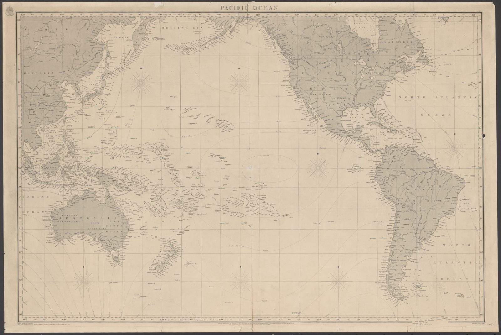 An 1859 Admiralty nautical chart of the Pacific Ocean, printed in fine black line on cream paper. Siberia, China and Australia stand along the left edge, North and South America along the right, and between them the ocean is nearly empty apart from long strings of small island names. Numbered meridians are ruled from the top border to the bottom, with 180 degrees marked at the middle of each, and faint compass roses are spaced across the open water.