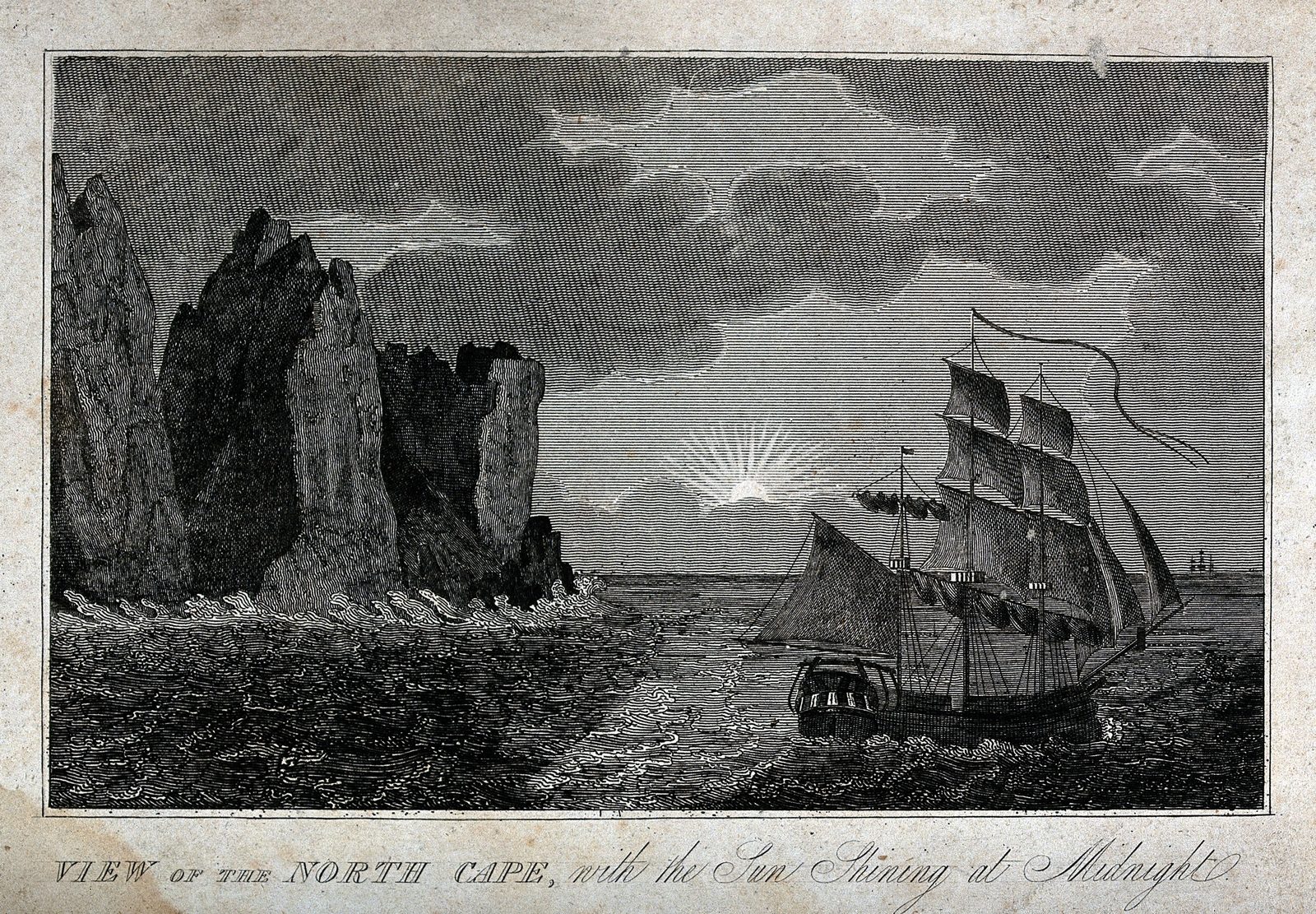 An 1825 engraving titled a view of the North Cape, Norway. A sailing ship stands on the sea below the headland, and the sun is low in the sky at midnight.