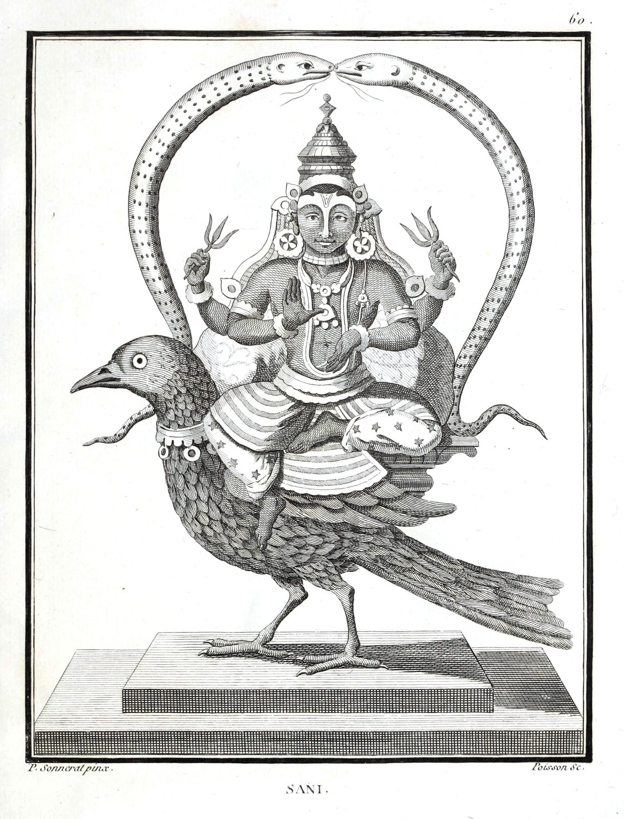 An eighteenth-century line engraving of Śani, the Hindu deity of the planet Saturn, shown four-armed and seated cross-legged on a large crow that stands on a plinth, framed by an arch formed of two serpents whose heads meet overhead; the engraved caption below the plate reads SANI.