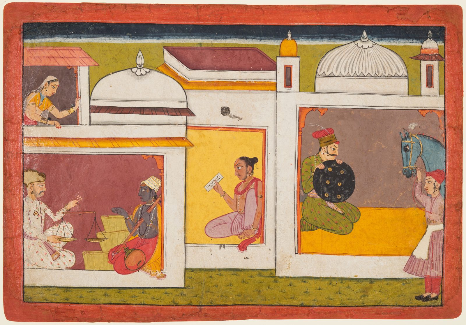 A horizontal Pahari miniature divided into painted compartments: at the left a seated man holds up a two-pan hand balance across from the musician Madhava, who sits with a vina beside stacked bundles; in the centre a seated figure reads a written slip of paper; at the right a turbaned nobleman sits with a shield while a groom leads a horse.