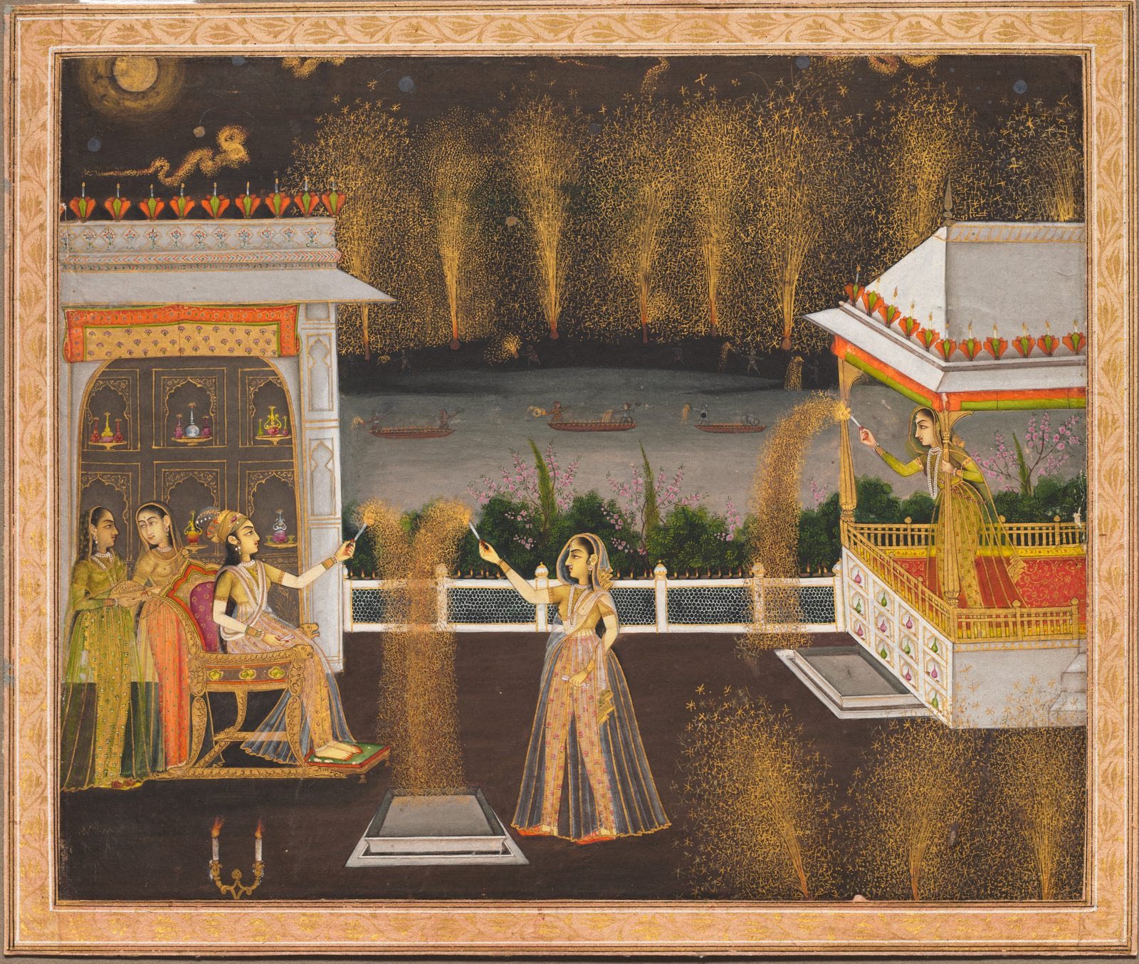 A night scene painted in gum tempera and gold, wider than it is tall. Small flames run in rows along the eaves of a pale palace, along the top of a marble lattice railing, and around the rims of the boats on the river below. On the terrace a young woman lights a sparkler while her companions stand and sit around her. Out on the water and along the far bank, other figures set off fireworks. A full moon hangs in the dark sky above.