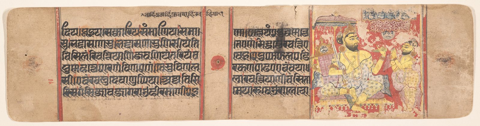 A long, narrow manuscript folio, much wider than it is tall, on aged cream paper. Two blocks of Devanagari text in black ink with red marks run across most of it, separated by a red disc where a binding string once passed. At the right, framed in red rules, a small painting: a crowned king with a dark beard sits on a low throne under a canopy, one hand raised, and facing him a bearded man in a spotted robe sits with both palms lifted, speaking. The pigment has flaked in places.