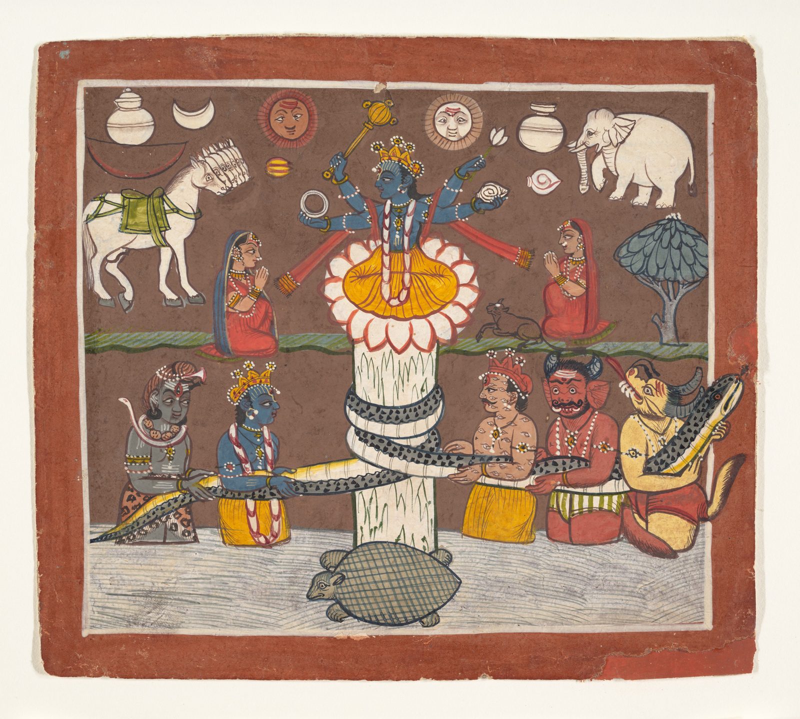 An Indian painting on a deep brown ground within a red border. Two facing lines of gods and demons haul on a long spotted serpent that is wound three times around a white mountain; the mountain rests on the back of a tortoise in a wavy white sea. Above, a blue many-armed Vishnu sits on a lotus, surrounded by the treasures thrown up by the churning. a sun, a moon, a white horse, a white elephant, a conch, pots and a tree.