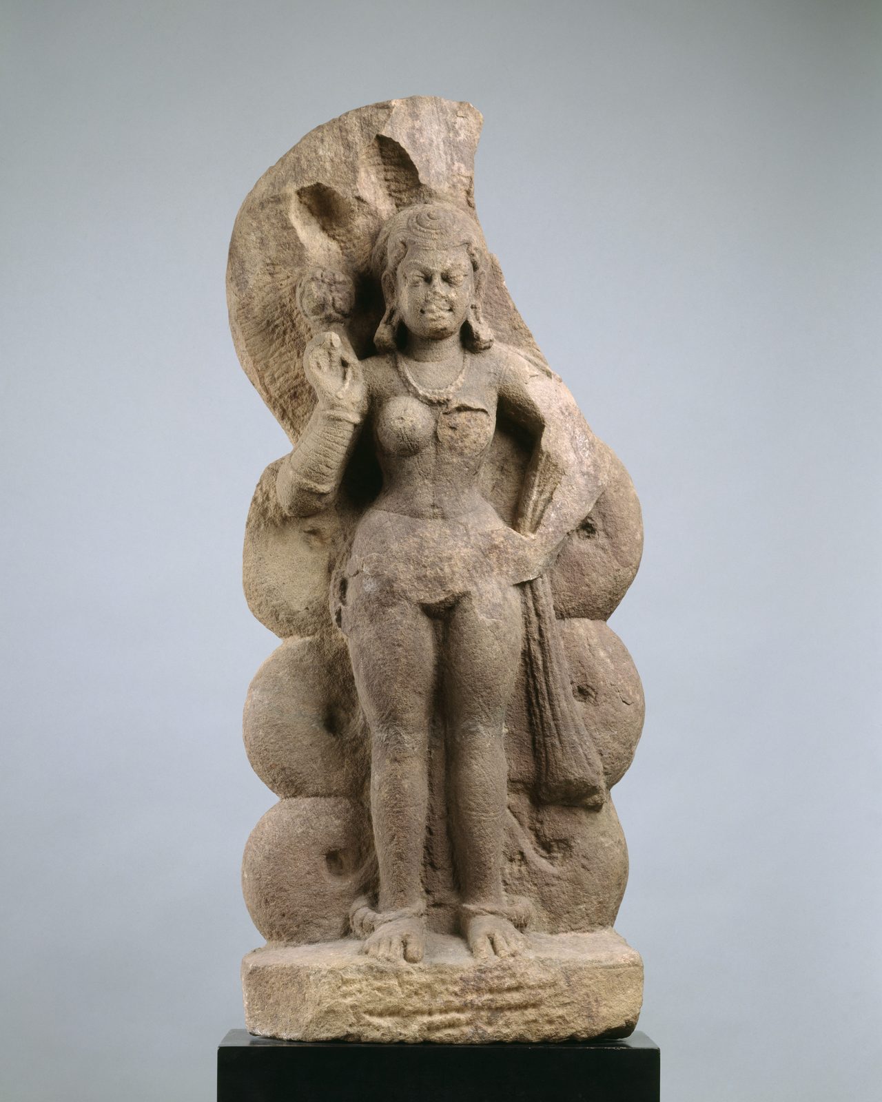 A weathered sandstone figure of a standing woman in a necklace and heavy earrings, one hand raised, set against the thick stacked coils and the wide, many-headed hood of a great serpent rising behind her.