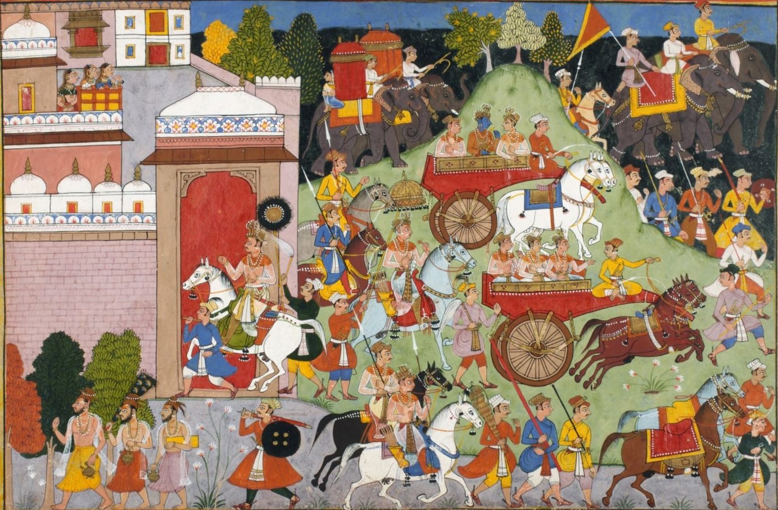 A seventeenth century Indian miniature of a wedding procession leaving a walled city: brahmins walk ahead carrying water pots, a crowned rider on a white horse passes through a red gateway, garlanded figures ride two red chariots drawn by white and chestnut horses, caparisoned elephants with riders and a banner climb a green hill behind, and women watch from a palace balcony.