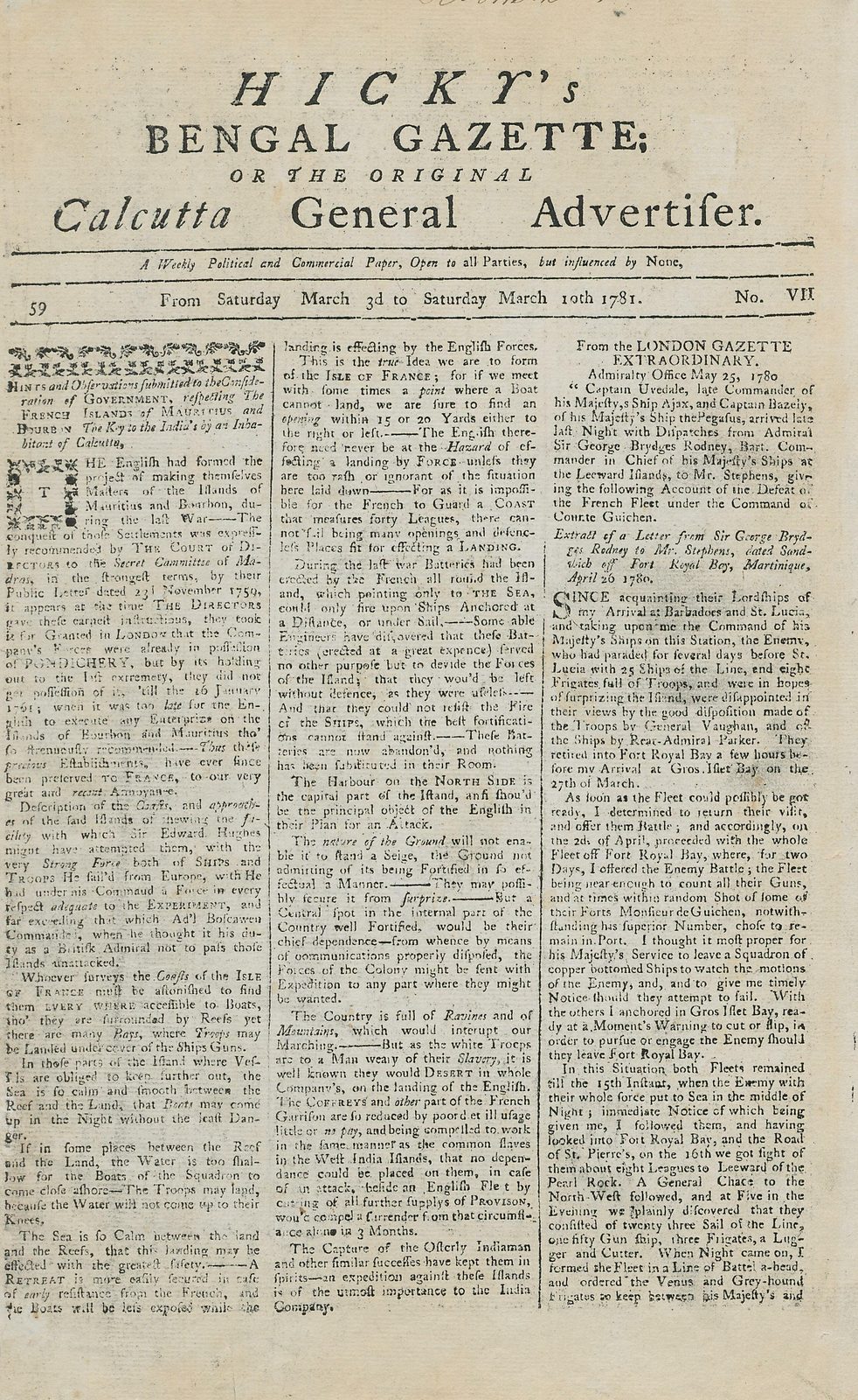 The front page of an early Calcutta weekly newspaper, dated 10 March 1781: a full sheet of small letterpress type set in narrow columns, with the paper's printed title and date running across the head of the page.
