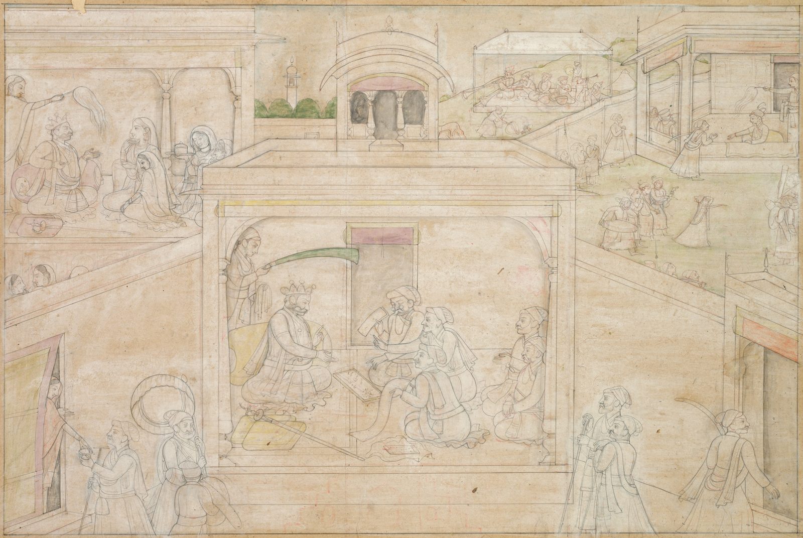 An unfinished Indian painting, mostly fine ink drawing on cream paper with a few patches of pale green, pink and yellow. In a pavilion at the centre a crowned king sits cross-legged on a cushion while an attendant behind him holds up a long curved fan; facing him a row of seated men lean forward, one holding a rolled paper and another gesturing over a low board set on the floor between them. Around the pavilion, smaller scenes run across terraces, stairways and courtyards: the king speaking with a woman in an inner room at the upper left, servants carrying dishes, seated musicians under a canopy, and guards with staffs standing along the lower edge.