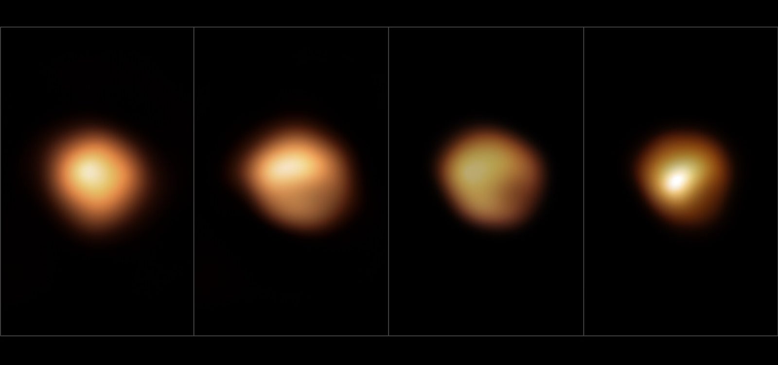 Four small square panels in a row on a black ground, each a telescope image of the same star shown as a resolved disc rather than a point. The disc is mottled orange, yellow and white with an uneven edge. In the first panel it is evenly bright and nearly round; in the second and third the lower half has gone dim and the shape looks lopsided; in the fourth it is bright again but still patchy.
