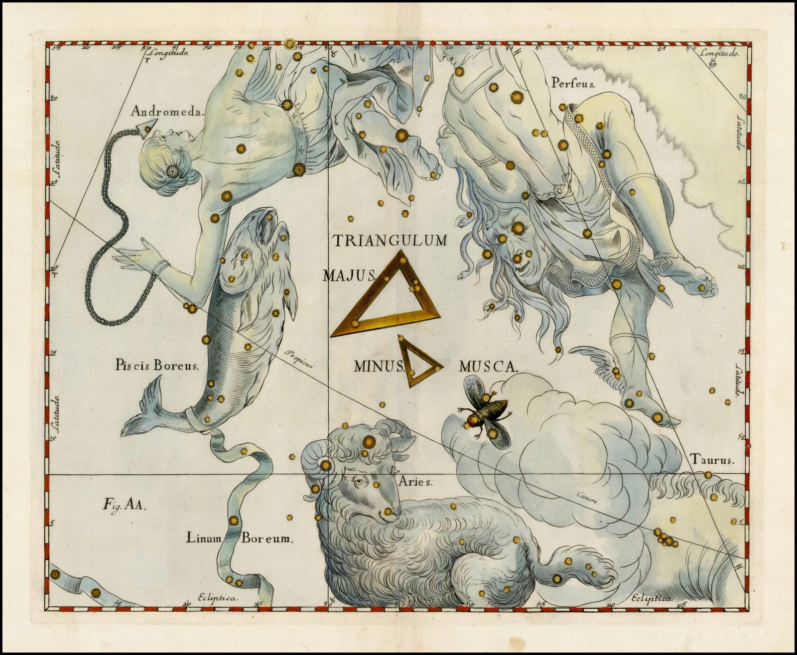 A hand-coloured seventeenth-century celestial engraving on aged paper, bordered by a red-and-white scale bar. Pale blue mythological figures fill the sheet: Andromeda in chains and a fish at the upper left, Perseus holding a severed head at the right, a reclining ram labelled Aries along the bottom. At the centre two golden triangles are labelled Triangulum Majus and Minus, and beside them a small striped fly with outspread wings sits on a cloud, labelled Musca.