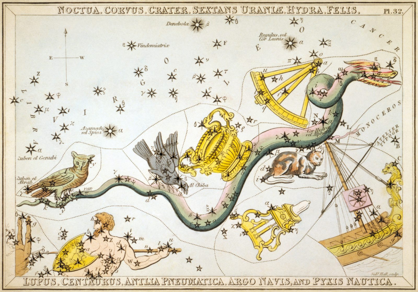 A hand-coloured nineteenth-century star chart on cream paper. A black crow with spread claws stands on the long coiled body of a water snake, its beak turned back over its shoulder; a two-handled cup sits on the snake beside it. Small star symbols marked with Greek letters are scattered across the crow's body and wings and around the rim of the cup.