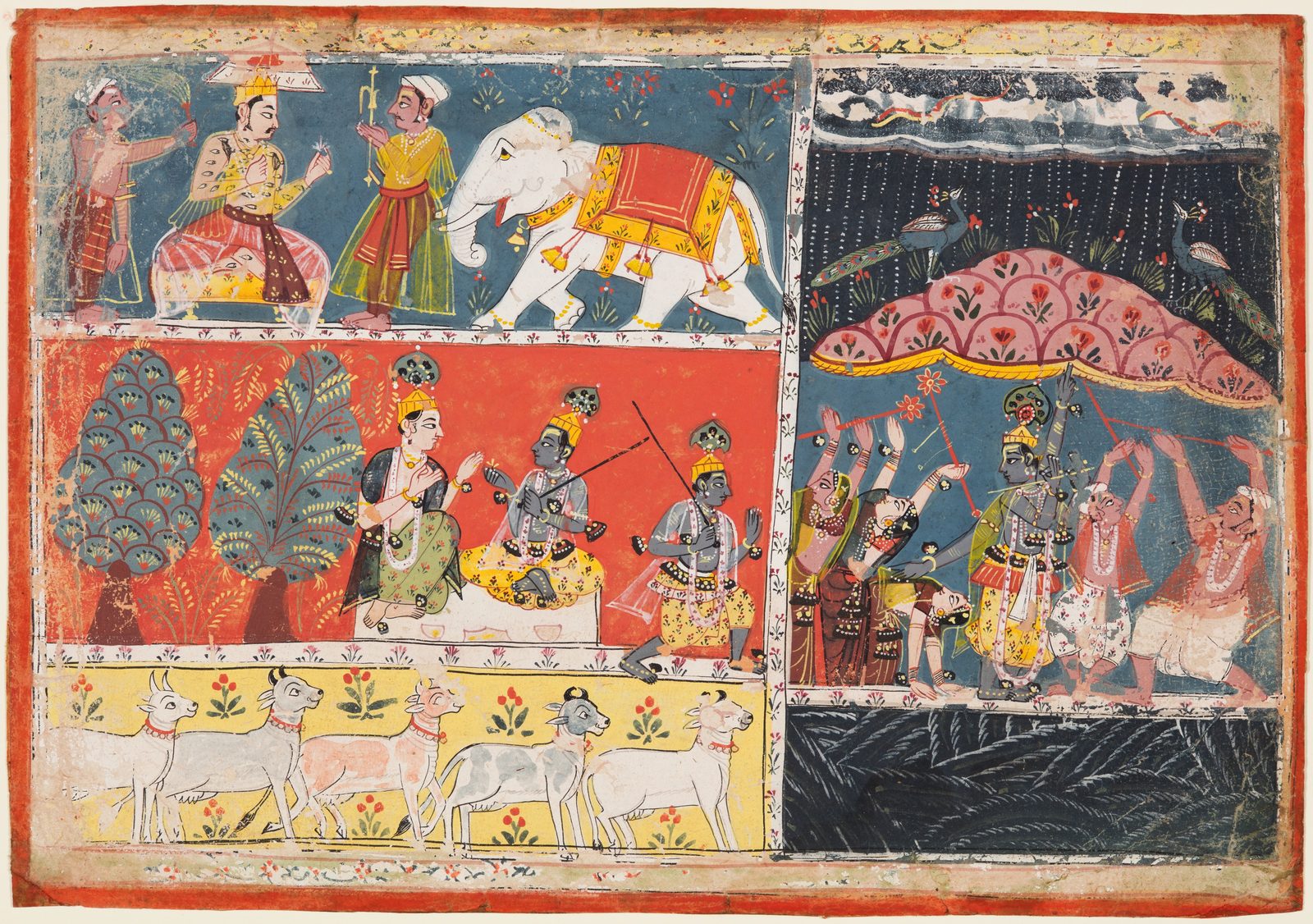 An Indian miniature painting in gum tempera on paper, wider than it is tall. At the centre a grey-blue figure with four arms stands holding a green hill above his head on one raised hand; peacocks sit on the hill and villagers and cattle shelter beneath it, crossing a broad yellow band along the foot of the page. Dark storm clouds and falling rain fill the top of the sheet. In the upper left corner a crowned king sits enthroned under a canopy in Mughal court dress, attendants around him and a white elephant at his side.