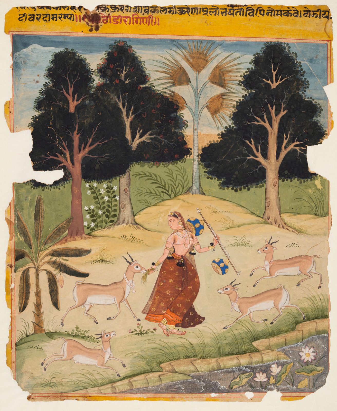 An Indian miniature painting in gum tempera and gold. A woman in an orange skirt under a sheer brown sari patterned with gold stands on rolling green ground, a blue and gold vina held against her shoulder, holding out grass to four deer that press towards her with their heads raised. A banana plant spreads its leaves behind her and a stream of lotus flowers runs along the foot of the page. A line of Sanskrit verse is written across the yellow border above.