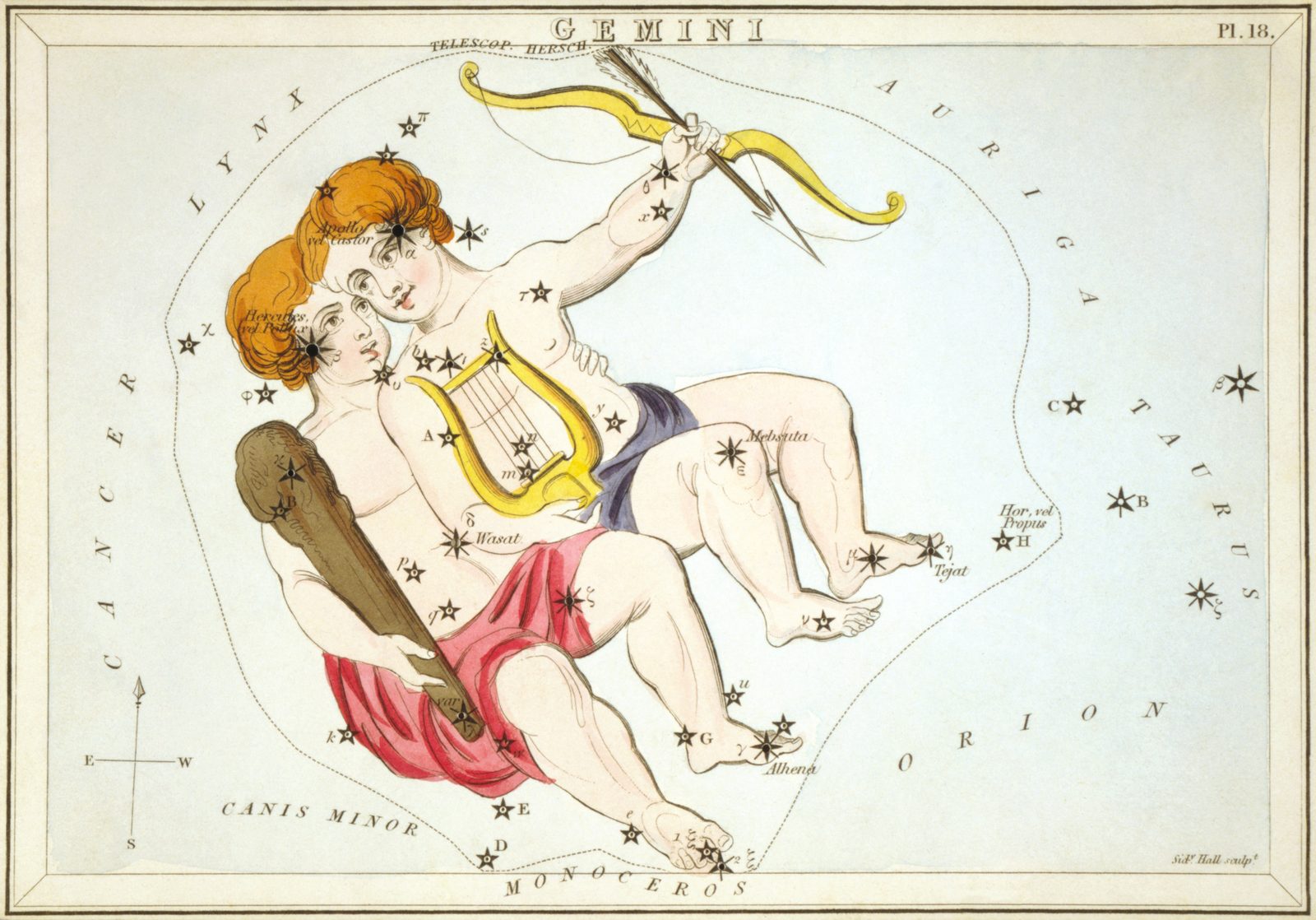 A hand-coloured nineteenth-century star chart on pale cream paper showing two young men standing side by side, one holding a lyre and the other a club, with a bow and arrows beside them. Small star symbols are scattered across the two figures, and the brightest of them sit at their heads.