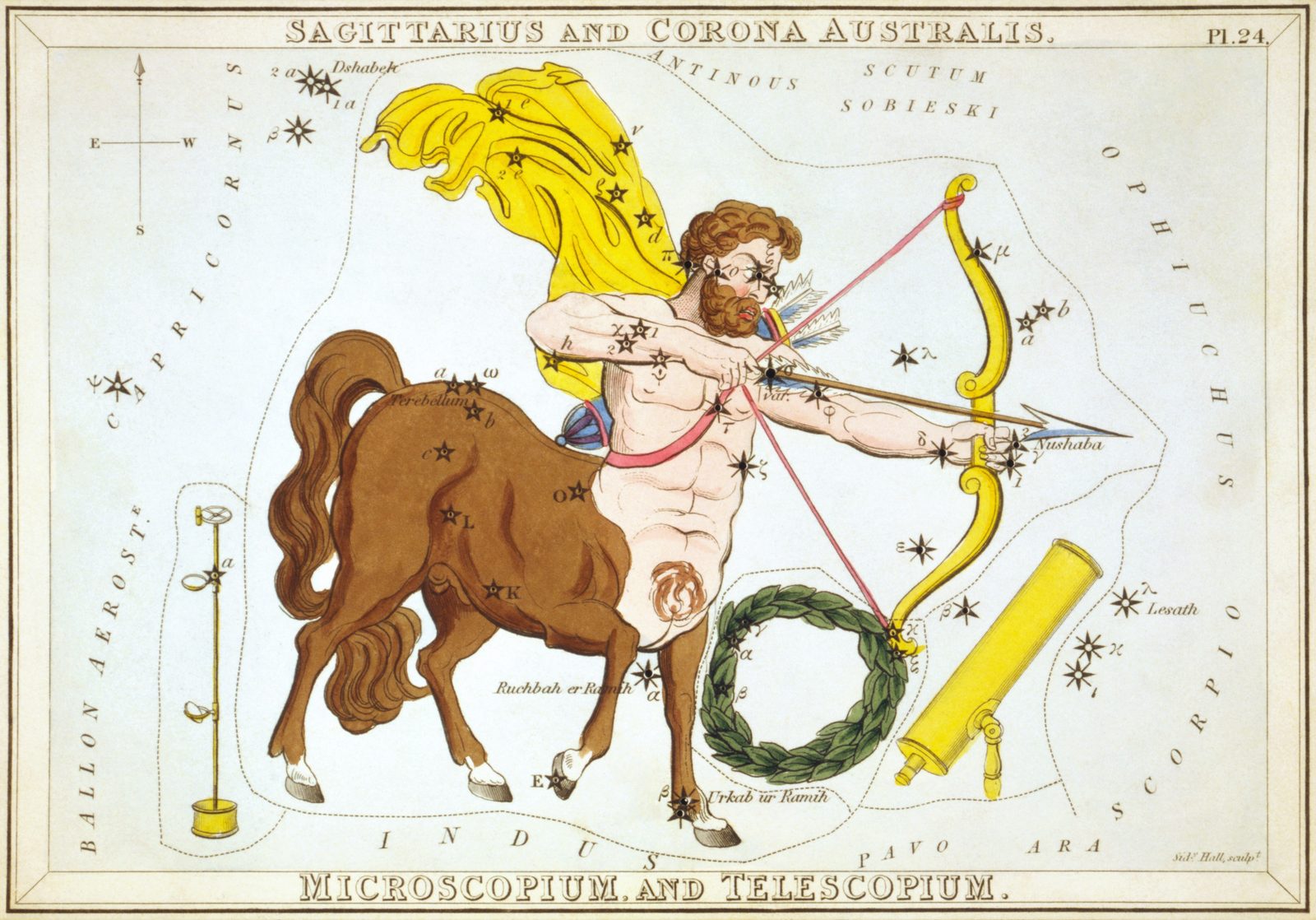 A hand-coloured nineteenth-century star chart on pale paper, wider than tall, titled Sagittarius and Corona Australis. A