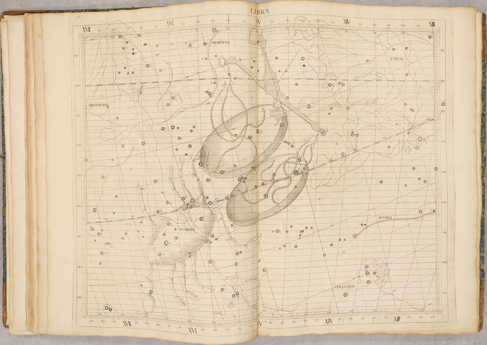 A photograph of a large eighteenth-century atlas lying open, its marbled boards and stitched pages visible at the left. The right-hand sheet is headed LIBRA and carries an engraved star chart on a ruled grid of celestial coordinates. A balance hangs at the centre, its long beam slung from above and its two deep shaded pans below; a scorpion drawn in fine outline lies across the lower left with its claws reaching up towards the pans and its tail curling away. Small rosette symbols mark the stars over both figures and over the empty sky between them, with SERPENS, OPHIUCHUS, VIRGO, HYDRA, LUPUS and CENTAURUS lettered around the edges.