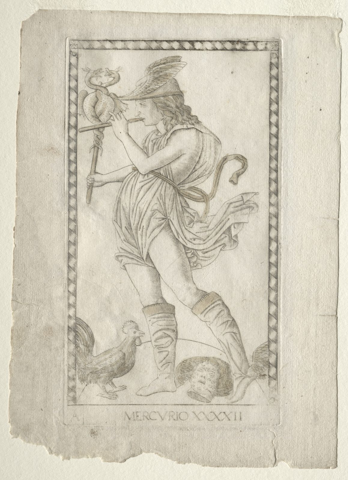 A fine-lined engraving printed in pale grey on aged cream paper, taller than it is wide, the sheet torn along its left and lower edges. The printed picture is a tall upright panel inside a border of twisted rope. Within it a young man strides to the left in profile, one foot bare on the ground and the other leg drawn back in a soft boot turned down below the knee, with a small wing at its heel. He wears a short belted tunic and a long sash that blows out behind him. On his head is a broad-brimmed hat with a large feathered wing rising from it, and his long wavy hair falls to his shoulders. He raises a short flute to his lips with one hand; in the other, lower down, he grips a tall staff topped by two snakes twisted around each other under a pair of small wings. At the bottom left of the panel a cockerel stands facing him. At the bottom centre lies a bearded severed head, the eyes open, with small wings at either side of it. Along the foot of the panel, in Roman capitals, are the words MERCVRIO XXXXII, and in a small ruled box at the lower left corner the single letter A.