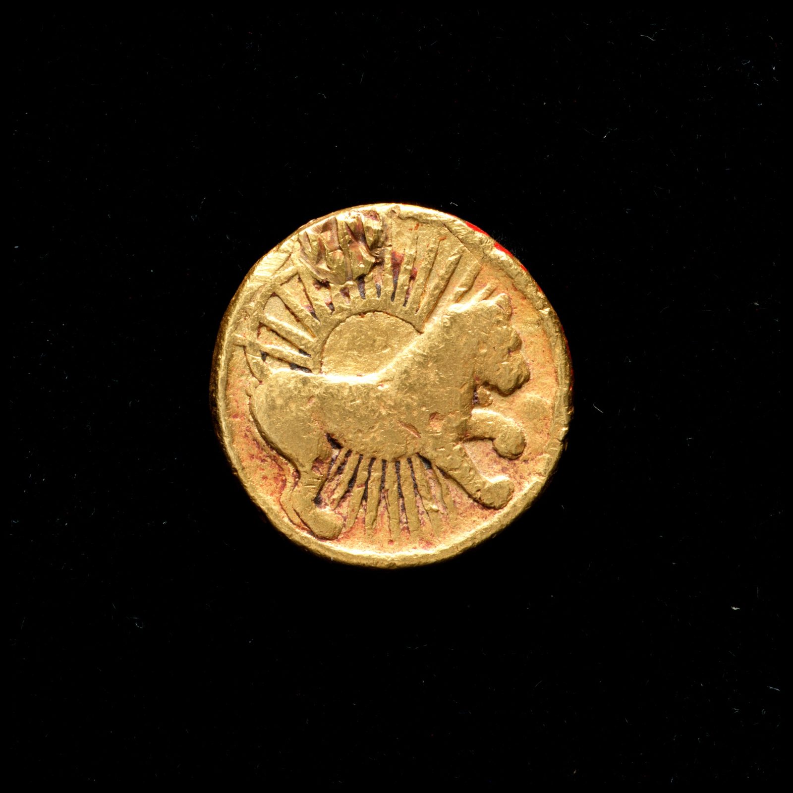 A small gold coin photographed against a plain black ground. Struck on its face is a lion striding to the left, with a large sun disc rising behind its shoulders and rays spreading out above and below the animal. The metal is worn and unevenly rounded at the edge.